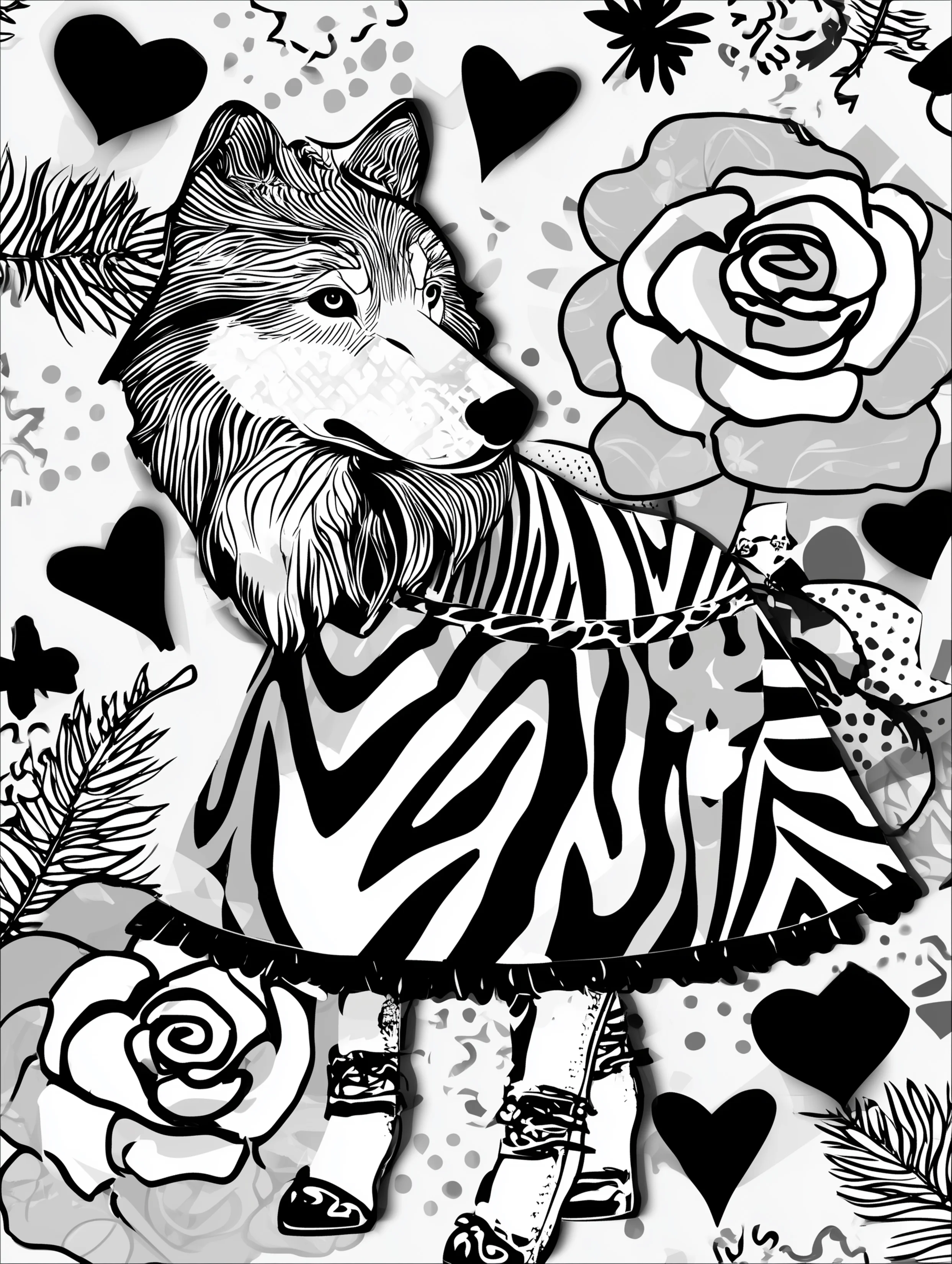 Free printable wolf coloring page for adults featuring a wolf wearing a skirt